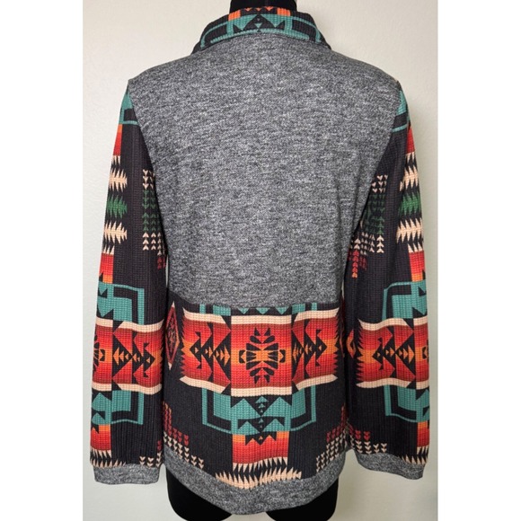 Fashion Express Jacket Women Medium Gray Orange‎ Turqouise Aztec Print Full Zip - Picture 2 of 14
